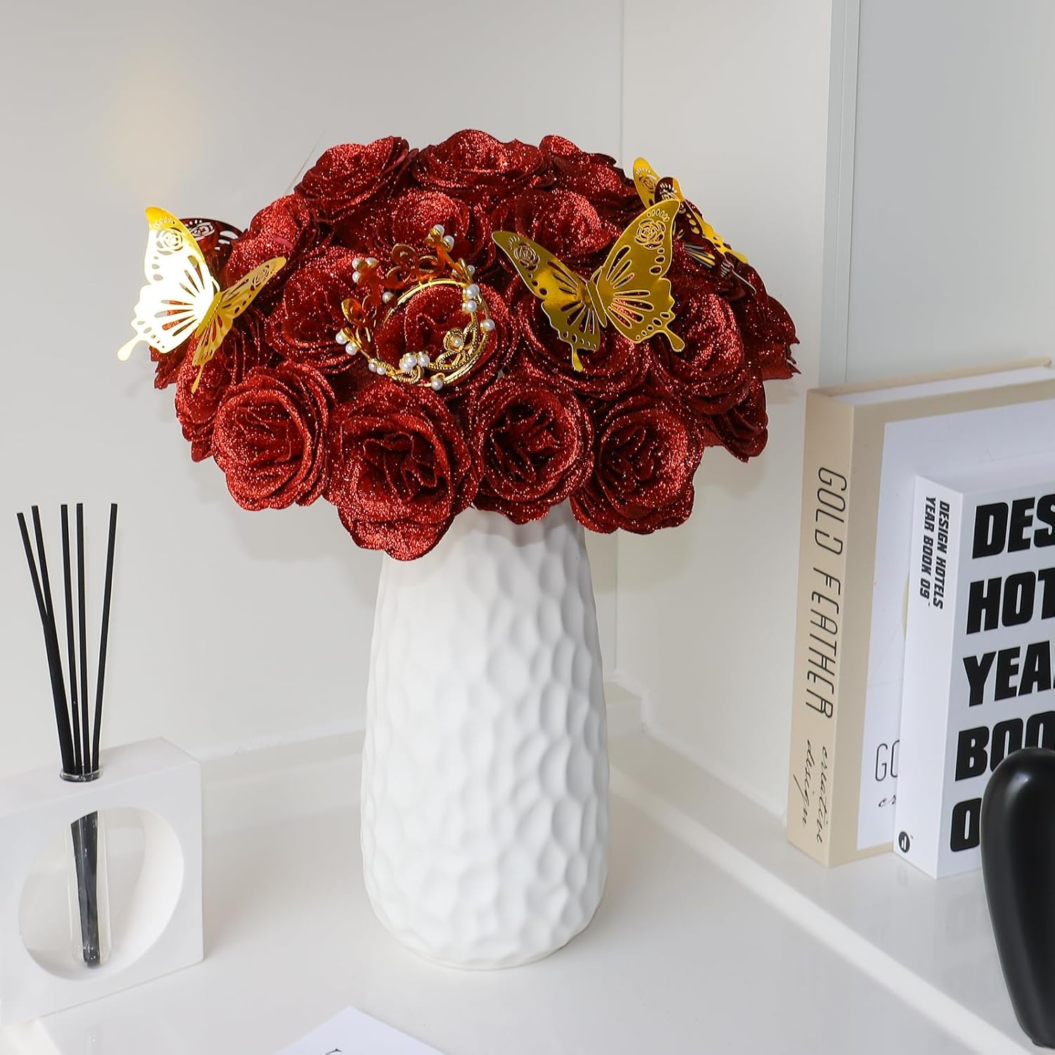 CCYXSHOW DIY Glitter Roses Bouquet Red - Artificial Rose Bouquet Kit Shiny Fake Eternal Floral Bouquets for Graduation Wedding Anniversary Birthday, Mother's Day Gifts for Her - 24 Pack - Image 5