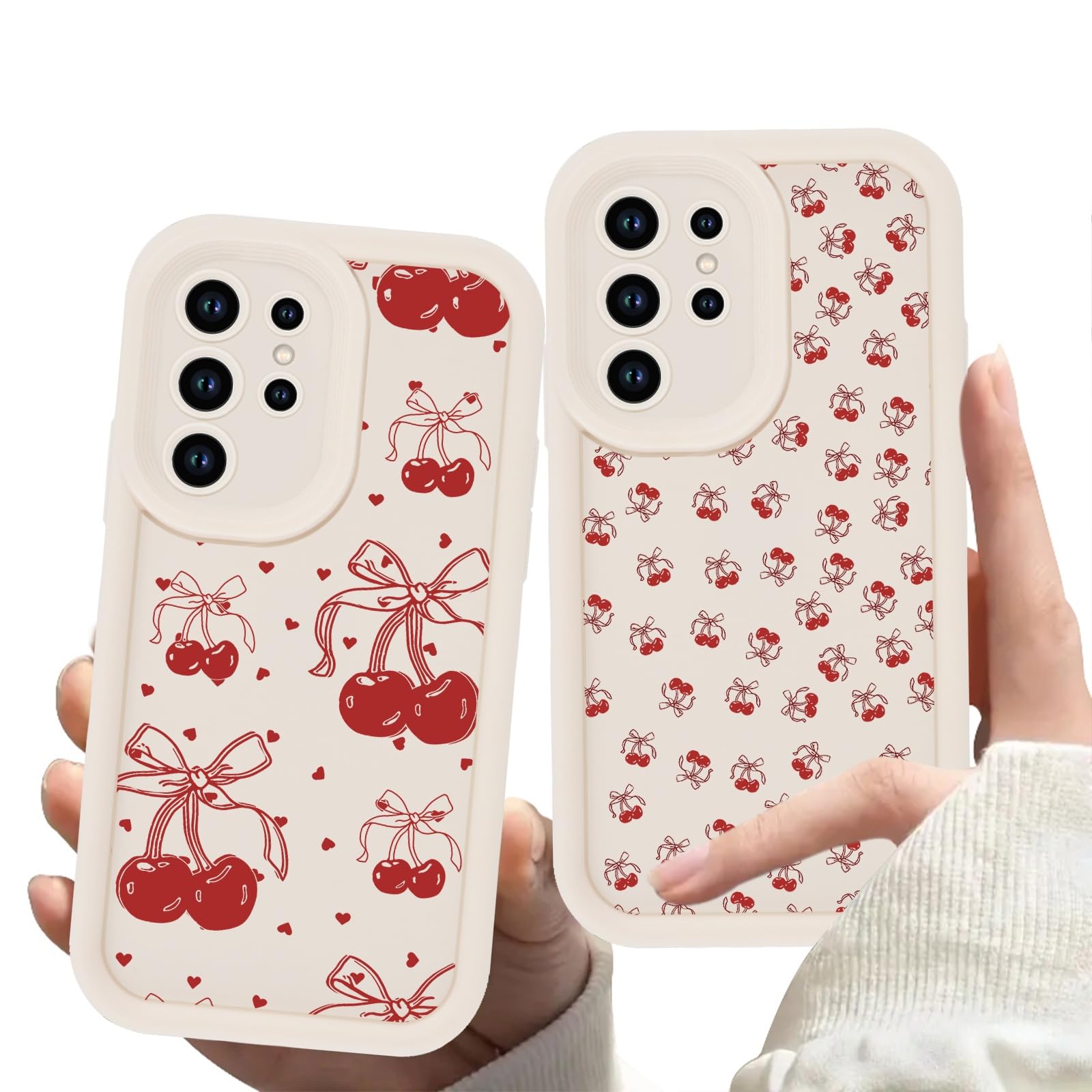 Zrutru 2 Pack Cherry Phone Case for Samsung Galaxy S25 Ultra 5G 6.8",Cute Aesthetic Cases Kawaii Bow Design Pattern Cover for Girls Women,Beige Soft