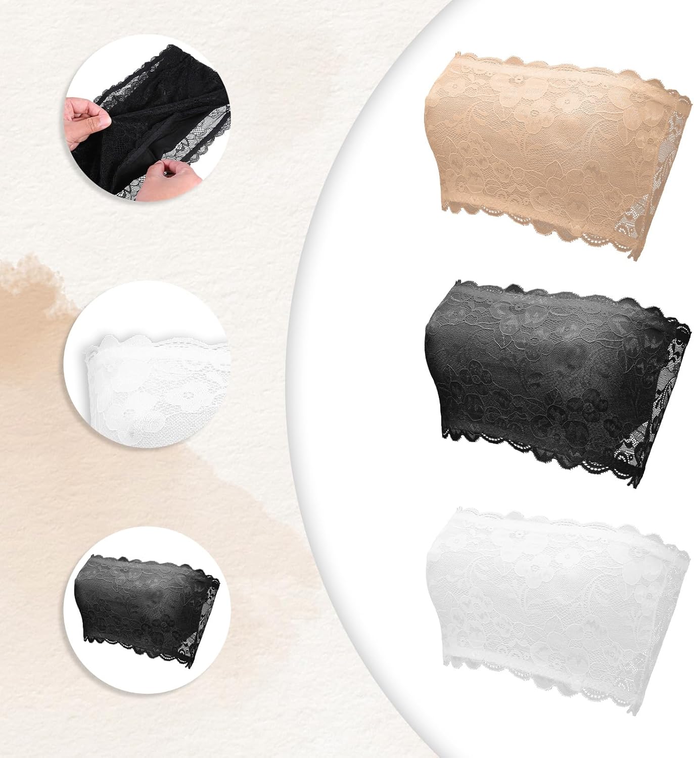 Lace Bandeau Bra, 3 Pcs Strapless Lace Bralettes for Women Stretchy Tube Top Bra for Low Neckline Cleavage Cover (White, Black, Beige) - Image 3