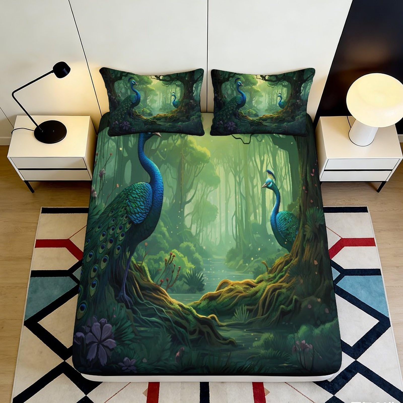 3D Printed Peacock Forest Fitted Sheet Microfiber for Adults Teens Deep Pocket Bedroom Bedding Peacock Mattress Fitted Cover Elastic Hem 200x200x25cm 90x200x25cm