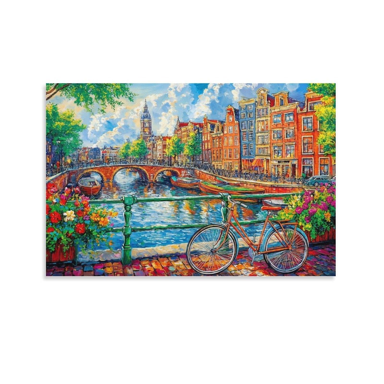 CPLVKWRQJ Amsterdam Canal Scene Single Amsterdam Canal Bicycle Scene Canvas Wall Decor - Kitchen Removable Wall Art Multi-Purpose Focal Point Decor 20x30inch(50x75cm)