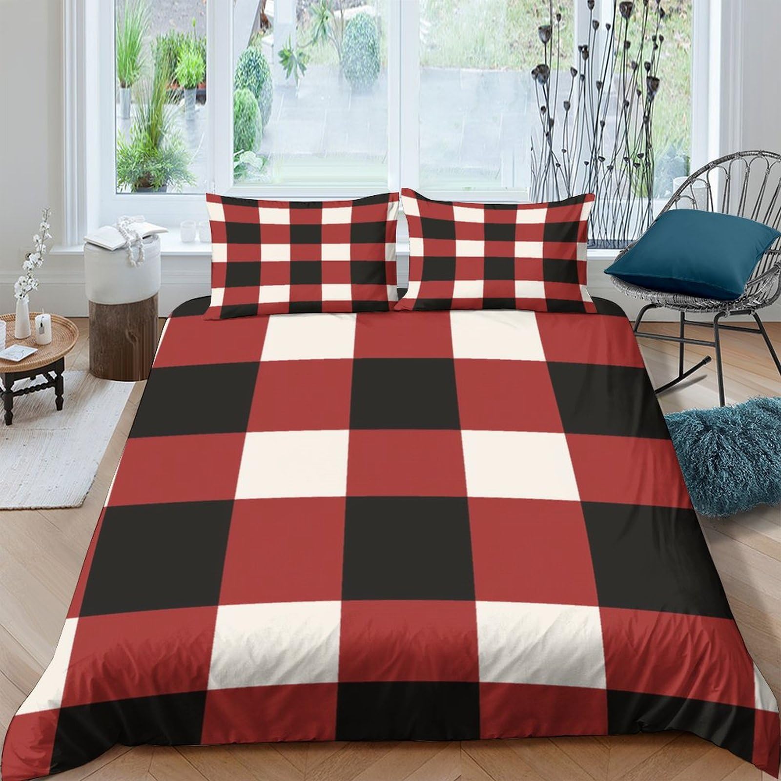 Housse de couette patchwork à carreaux noir et rouge King 220x240 cm