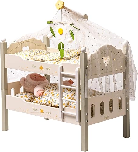 Miniatura 10 de ROBUD Cuna para Muñeca Bebé, Camas de Madera para Muñecas de 20 Pulgadas, Literas Azules para Muñeca Bebé con Tul, Cama para Muñeca American Girl