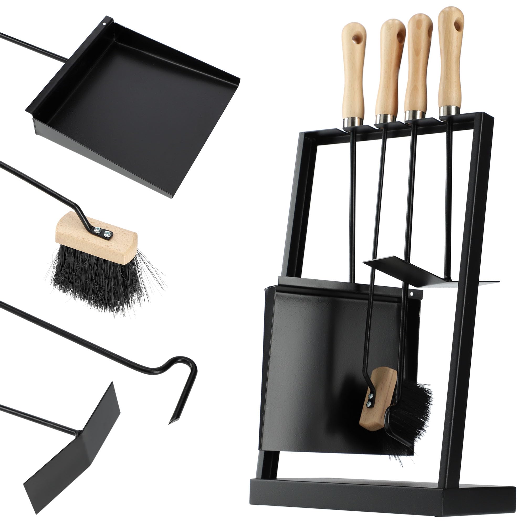 KADAX Moderno juego de utensilios para chimenea, juego de 5 piezas para chimenea, juego de accesorios para chimenea con atizador, pala para cenizas, escoba de chimenea, rascador de cenizas y soporte