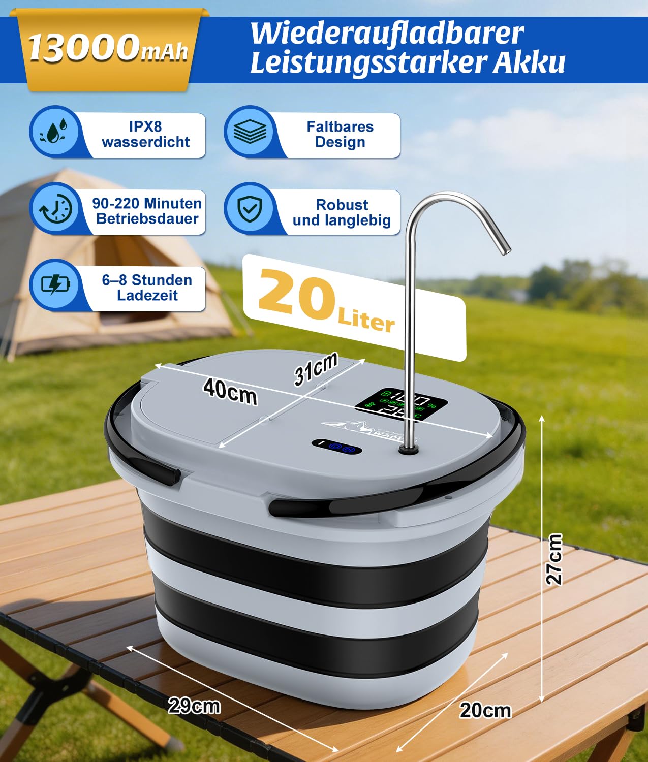 WADEO 2026 Campingdusche mit integrierter Pumpe 13000 mAh faltbarer Wassereimer 5 Geschwindigkeitsstufen 4 Strahlarten