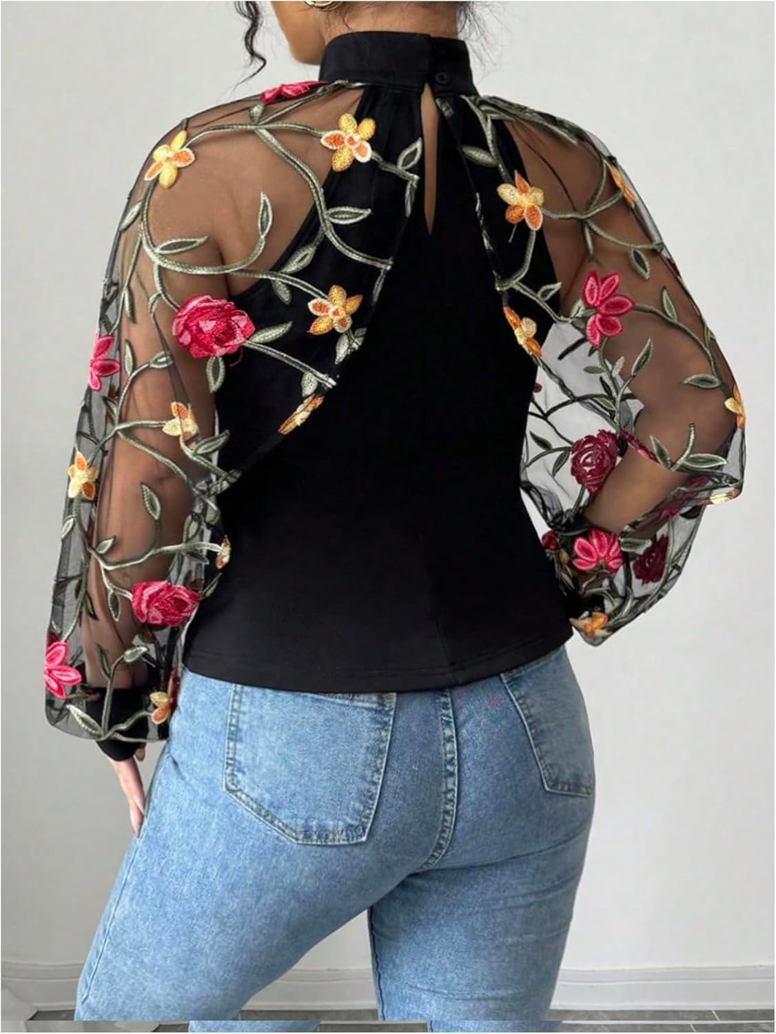 SweatyRocks Women's Plus Size Long Sleeve Mock Neck Embroidery Floral Mesh Slim Fit T Shirts Top - Image 3