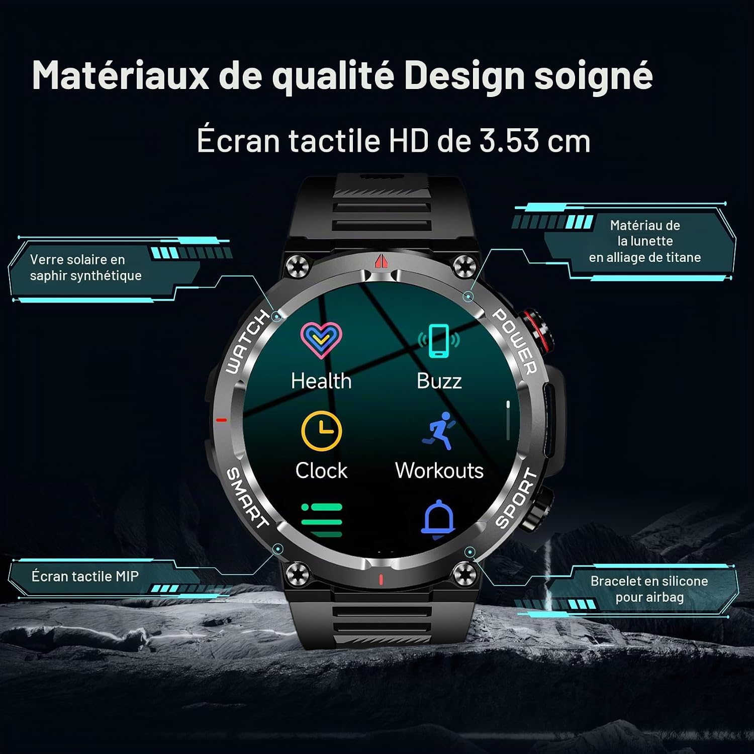 IOWODO W50 Smartwatch display showing various health and activity icons.