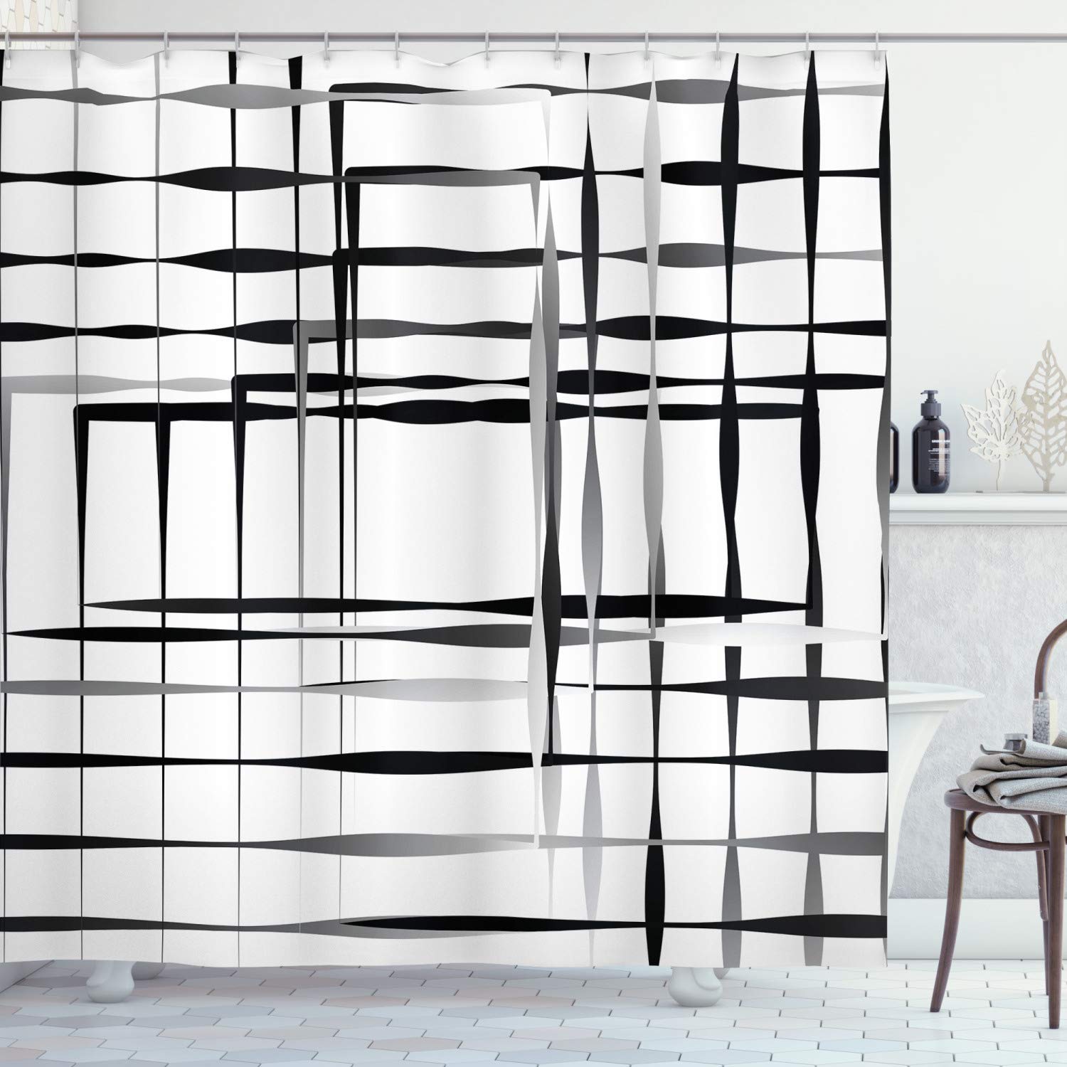 ABAKUHAUS Modern Art Shower Curtain, Minimalist Image Simplistic Spaces and Spare Asymmetric Grids Lines