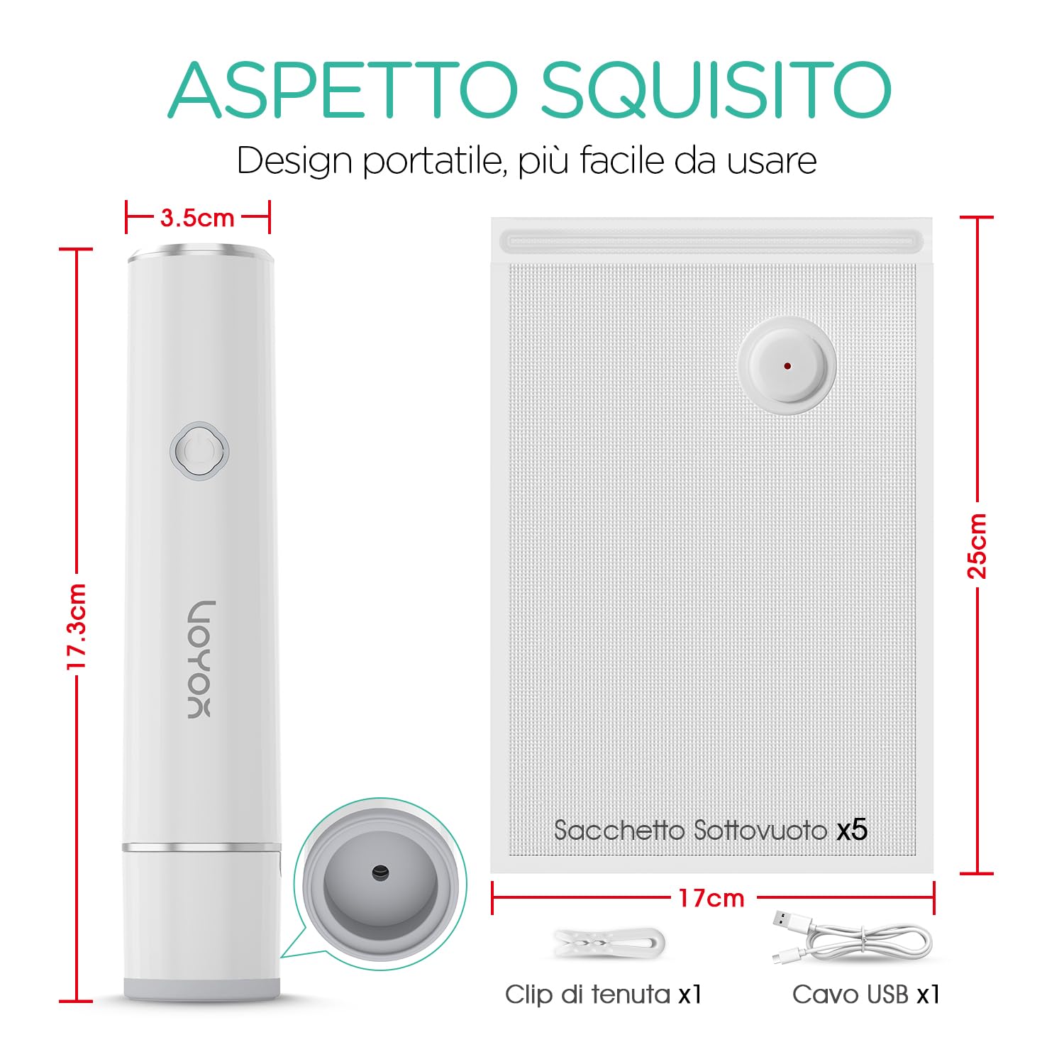 VOYOR Macchina Sottovuoto Alimenti Portatile Utilizzato per la Conservazione Degli Alimenti Palmare Macchina Sottovuoto con 5 Sacchetti Sottovuoto Potenziati Pompa Sottovuoto Alimenti VS500 (Bianco)