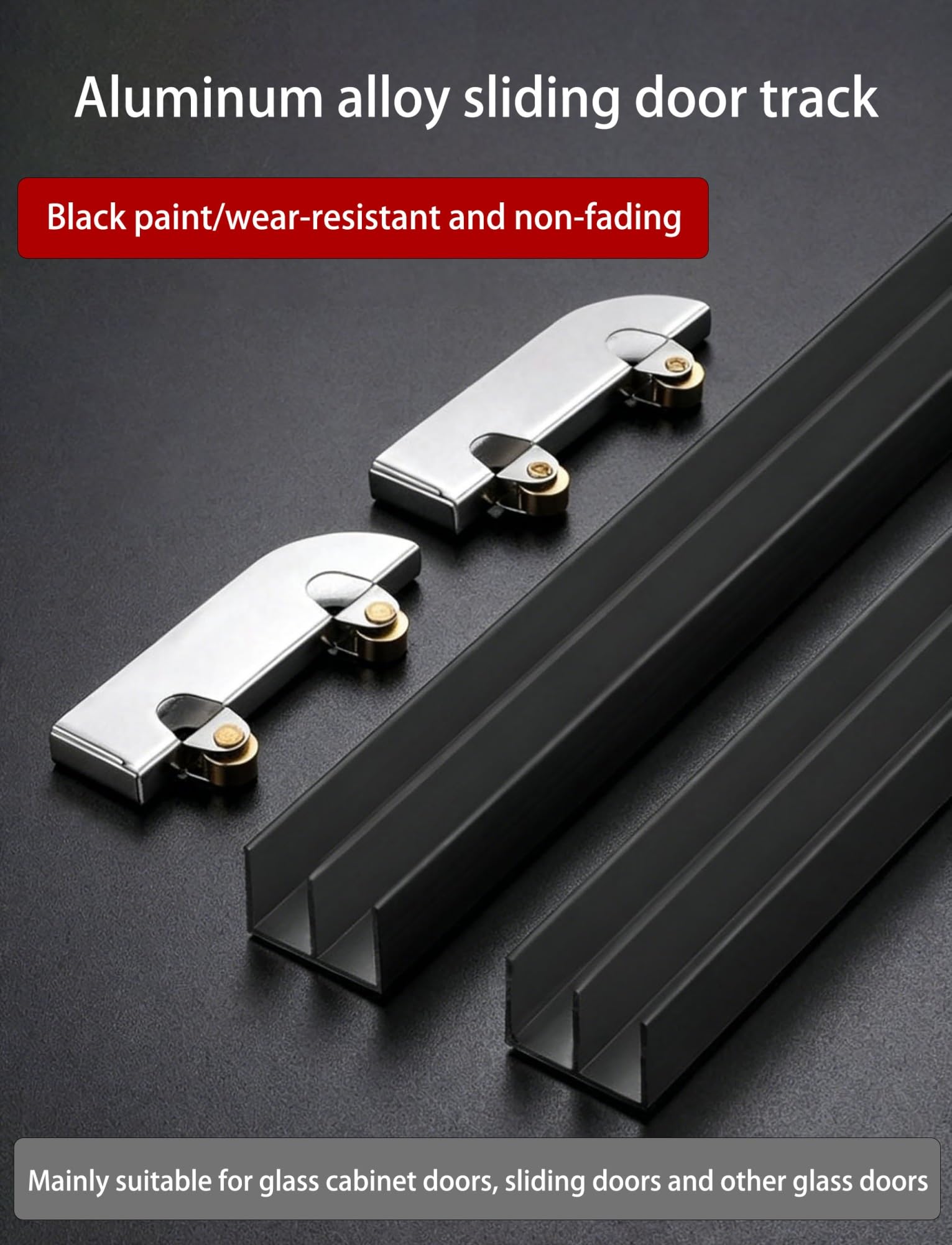 Zestaw prowadnic do szklanych drzwi przesuwnych 5 mm, czarny aluminiowy dwukanałowy suwak do szafki z cichymi rolkami 1 zestaw(90cm)