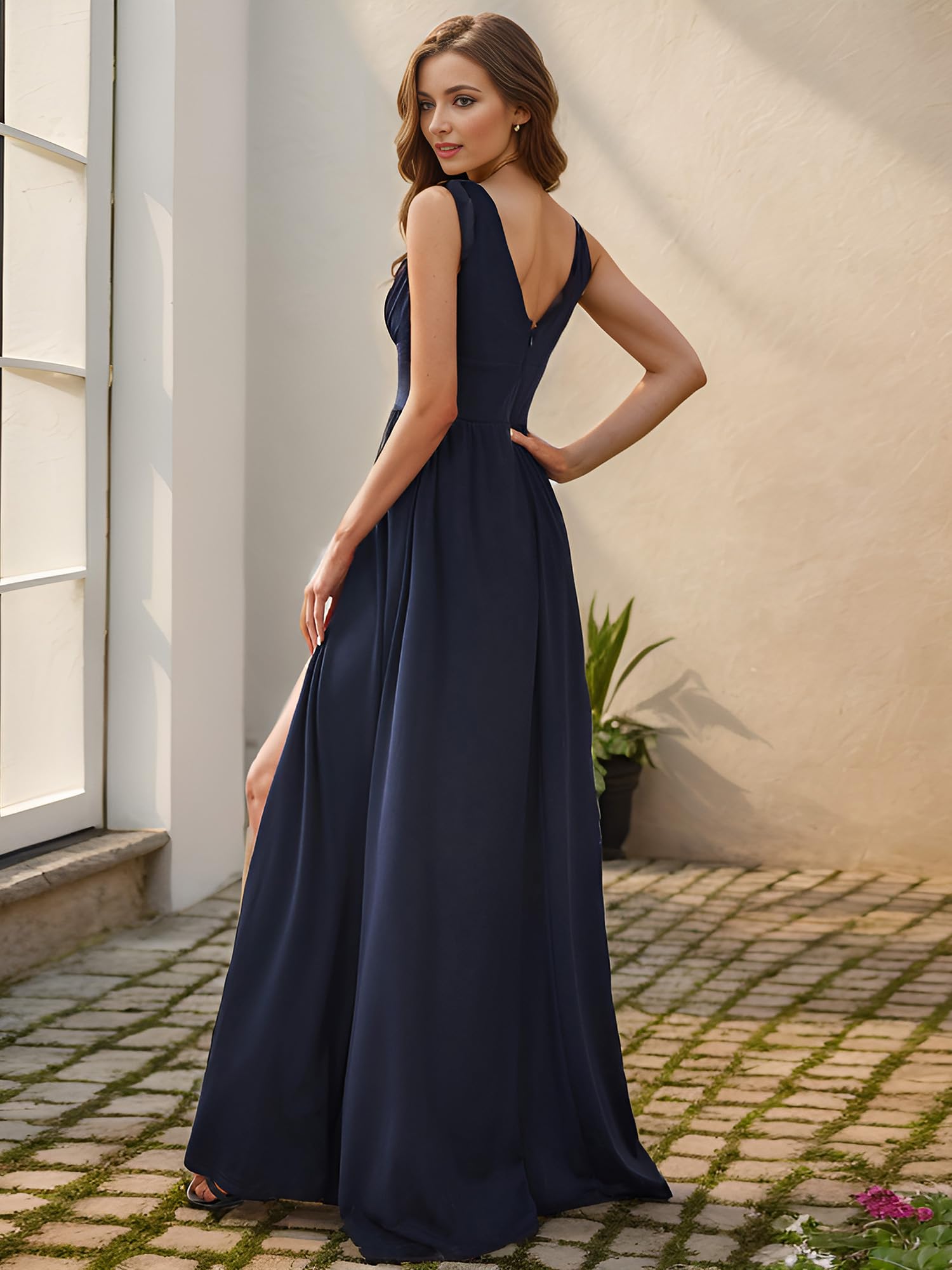 Ever-Pretty Vestiti da Cerimonia da Donna Alta Elasticità Scollo a V Linea ad A con Spacco Stile Impero