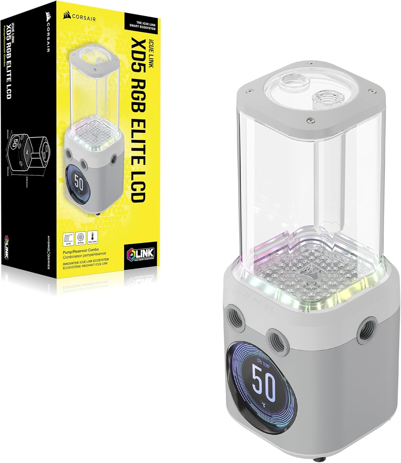 CORSAIR iCUE Link XD5 RGB Elite LCD Pump-Reservoir Unit - D5 PWM Pump - 480x480 IPS LCD Screen - 22 Addressable RGB LEDs - 440ml Nylon Reservoir - White - Image 8