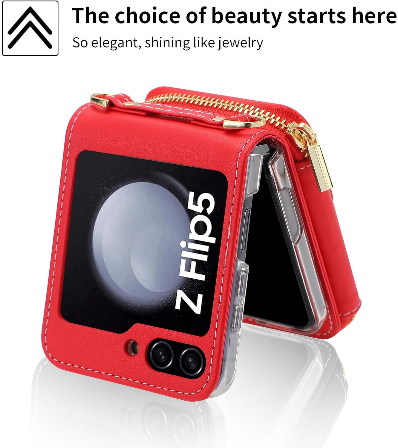 Women Wallet Purse for Samsung Galaxy Z Flip 5 5G Case Crossbody with Credit Card Holder Strap Lanyard Flip5 Leather Zipper (Red,Z Flip 5)