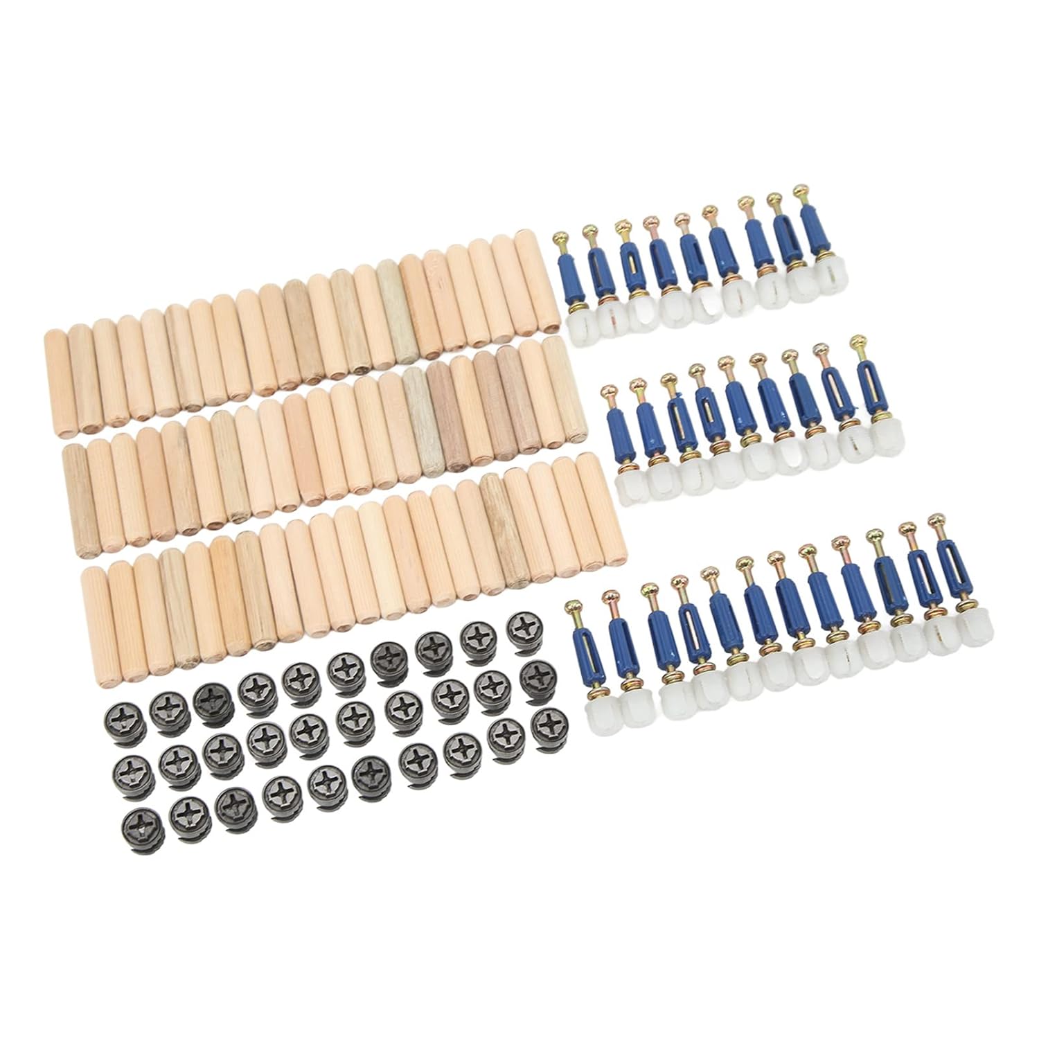 Close-up of eccentric wheel connectors and wooden pins