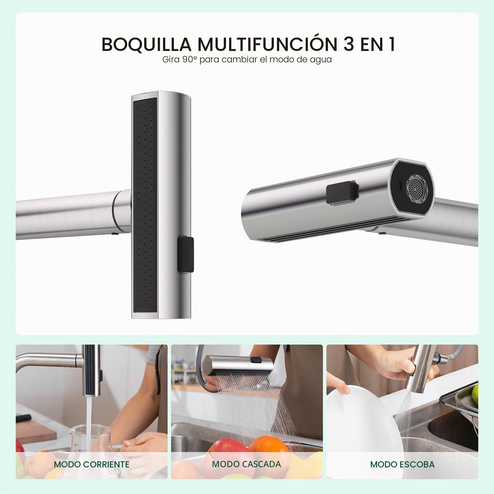 APPASO Grifo Cocina Waterfall, Grifo de cocina de alta presión, Grifo de cocina extraíble con 3 tipos de chorro giratorio 360°, Acero inoxidable Cepillado