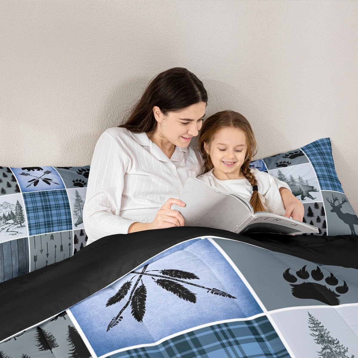 Rustic Farmhouse Comforter Set Queen, Retro Cabin Lodge Bedding Set Christmas Country Bear Deer Duvet Sets For Kids Teens Adult Men, Hunting Wild Animal Plaid Quilt 3Pcs With 2 Pillow Cases,Blue