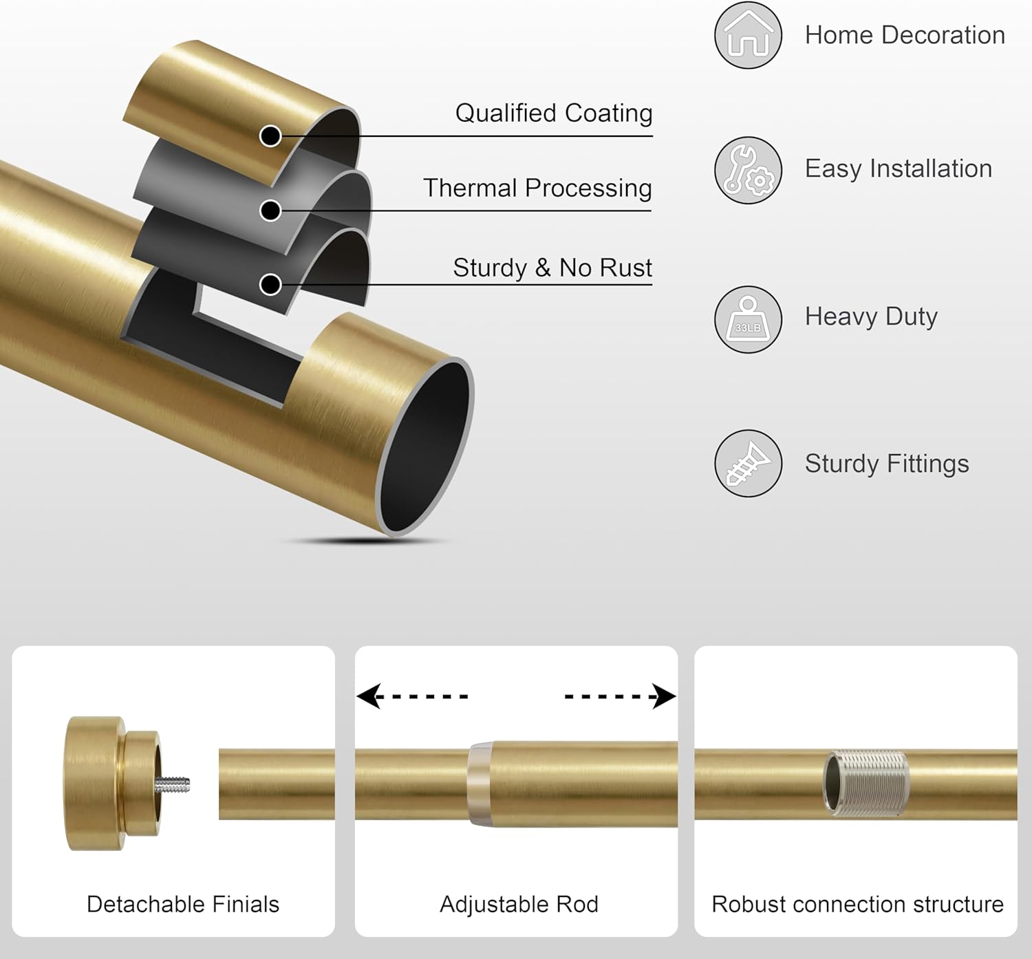 PORTRES Modern Gold Heavy Duty Curtain Rods for Windows 66 to 120 Inches Adjustable Length 1" Diameter Curtain Rod with Farmhouse Decorative Finials for Outdoor Bedroom Kitchen Living Room