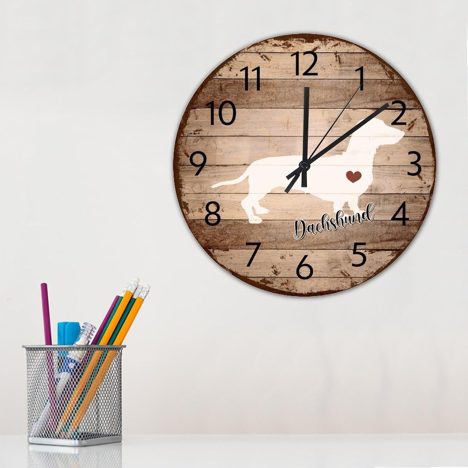 15 Inch Silent Non-Ticking Wall Clocks Battery Operated Dachshund Wooden Wall Decor for Office Animal Prints Dog Silhouette Pictures Modern Round Wooden Wall Clock Country for Dining Room Restaurant
