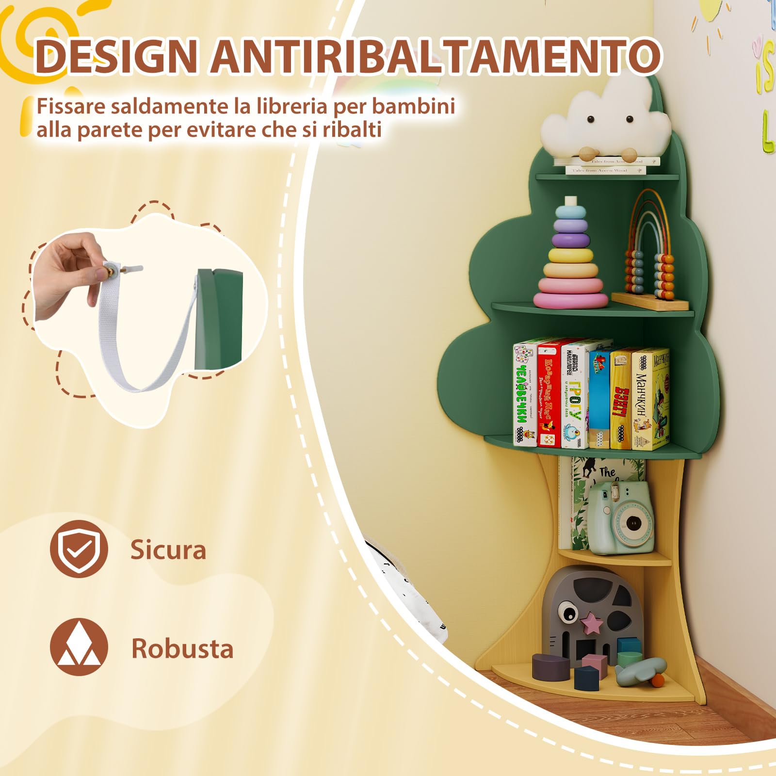 COSTWAY Libreria ad Albero per Bambini, Espositore per Libri a 5 Livelli con Anti-Ribaltamento, Libreria Angolare Salvaspazio per Camera da Letto Sala Giochi Asilo e Aula