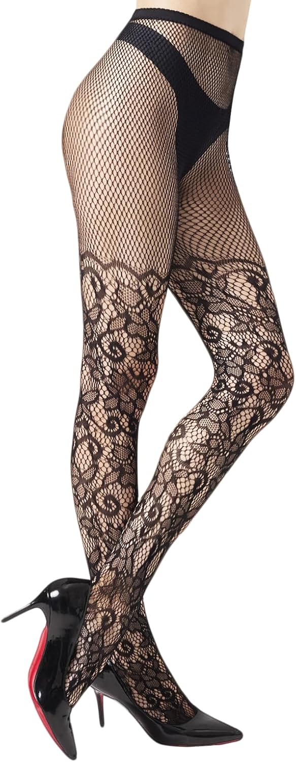 MANZI Floral Patterned Tights Lace Flower Fishnet Stockings for Women with Designs