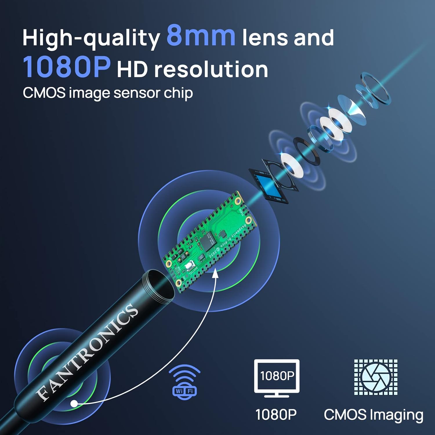 Borescope Inspection Camera, Fantronics Industrial Endoscope IP67 Waterproof 8mm Camera with 8 LED Lights for OTG Android & iOS Smartphone, iPhone, iPad, Samsung (16.4FT, Type-C, Micro, Lightning)