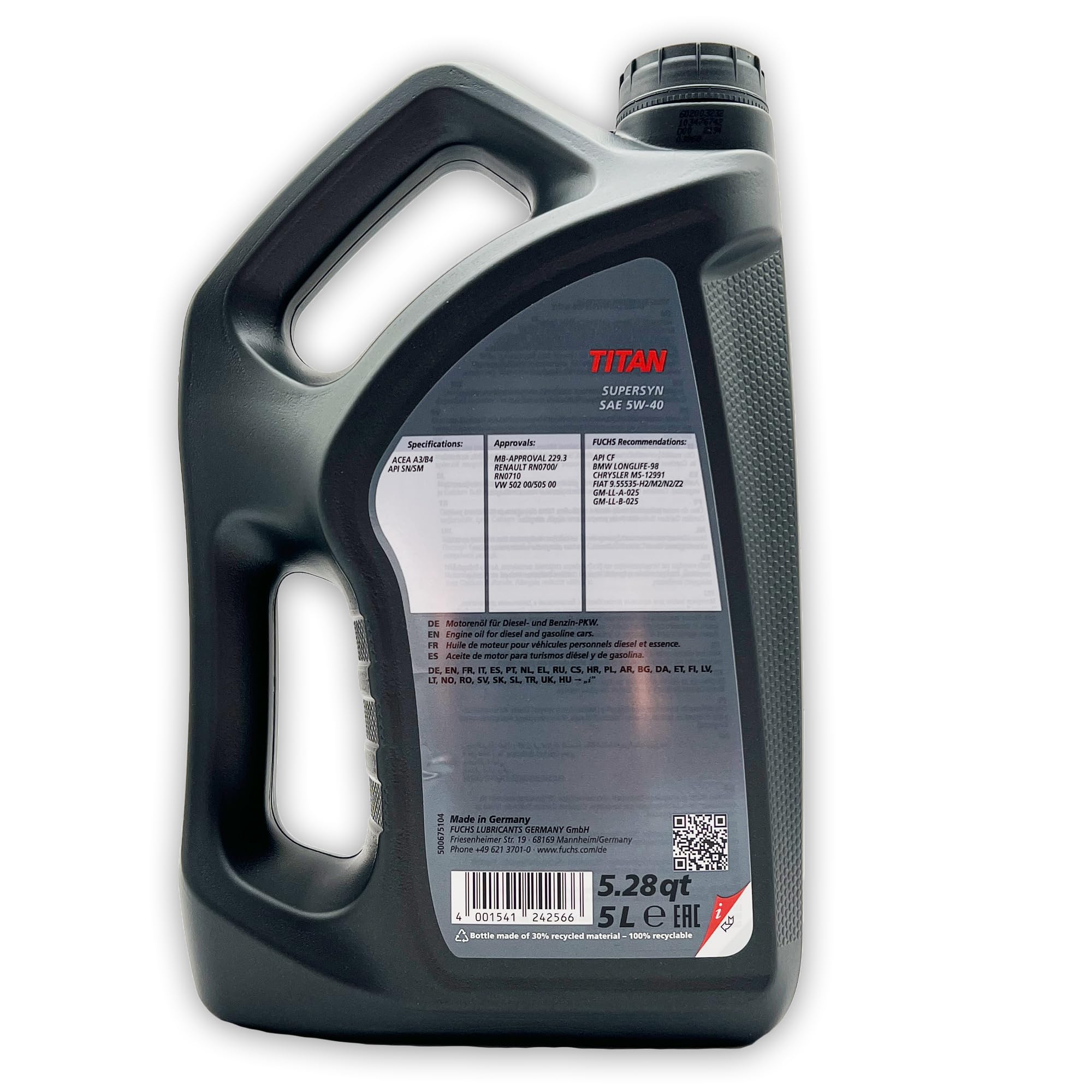 6 L Fuchs Titan Supersyn | 5W-40 | kompatibel mit | MB 229.3 | VW 502 00/505 00 | RN0700/RN0710 | 6 Liter | Motoröl | Motorenöl | PKW ÖL | Motoroel | Motorenoel | mit Trichter