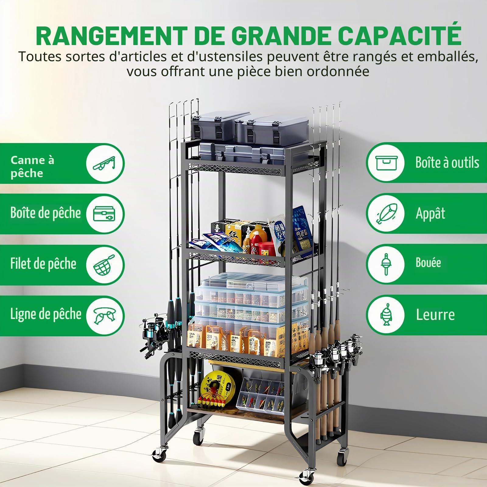 JAOGAUS Support de canne à pêche à 4 couches avec roues pour 10 cannes, support de canne à pêche avec 4 rouleaux pour un déplacement facile, 2 d'entre eux avec freins, pour garage, bateau, maison