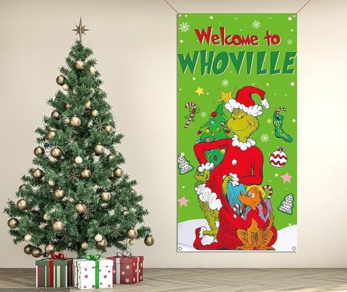 Miniatura 5 de Nepnuser Welcome to Whoville Grinchmas - Cubierta de puerta de elfo verde, decoración de fiesta de invierno, decoración de telón de fondo para