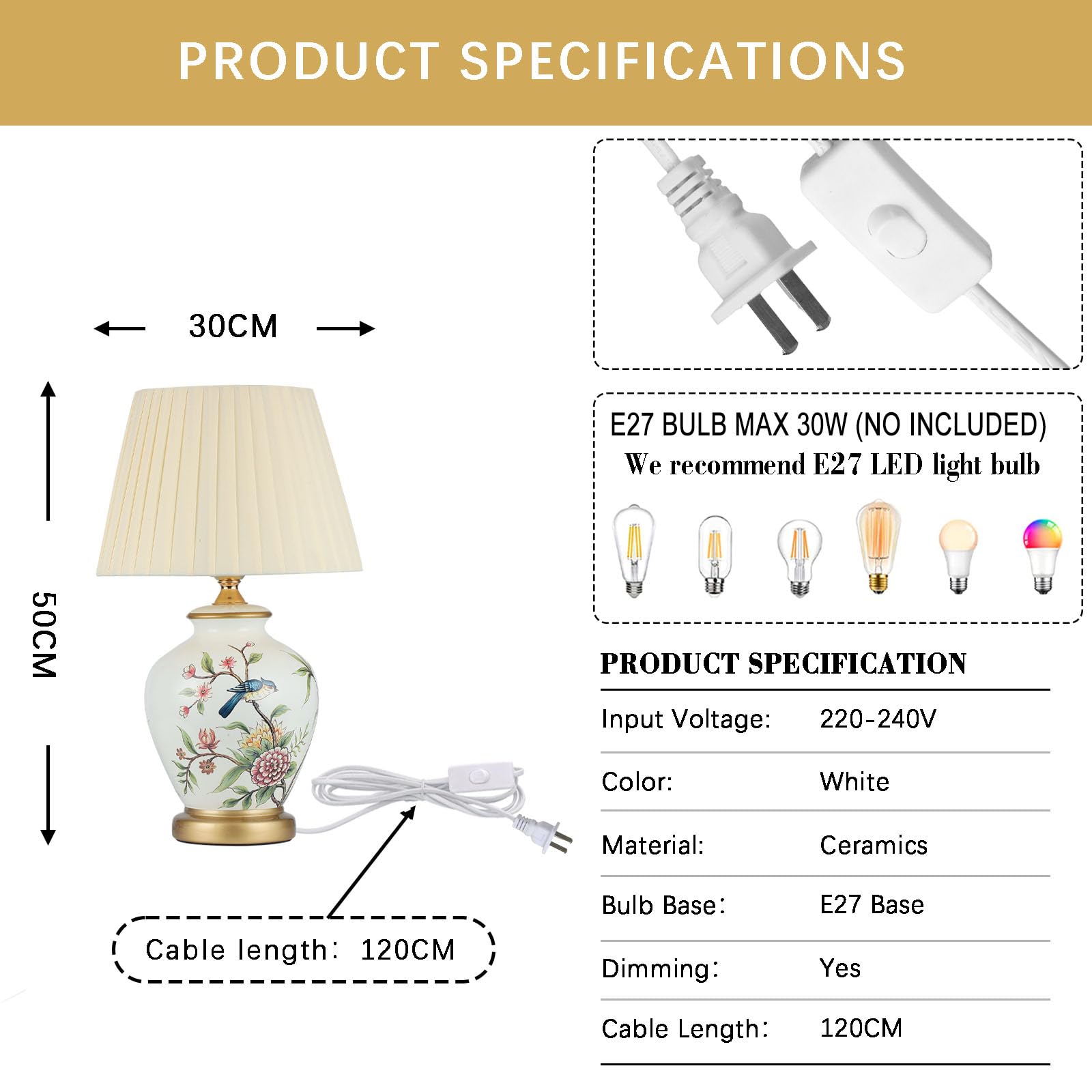 Tischlampe aus Keramik, Vintage, Nachttisch- und Wohnzimmerlampe, weißer Stoff, moderner Stil, E27, Weiß