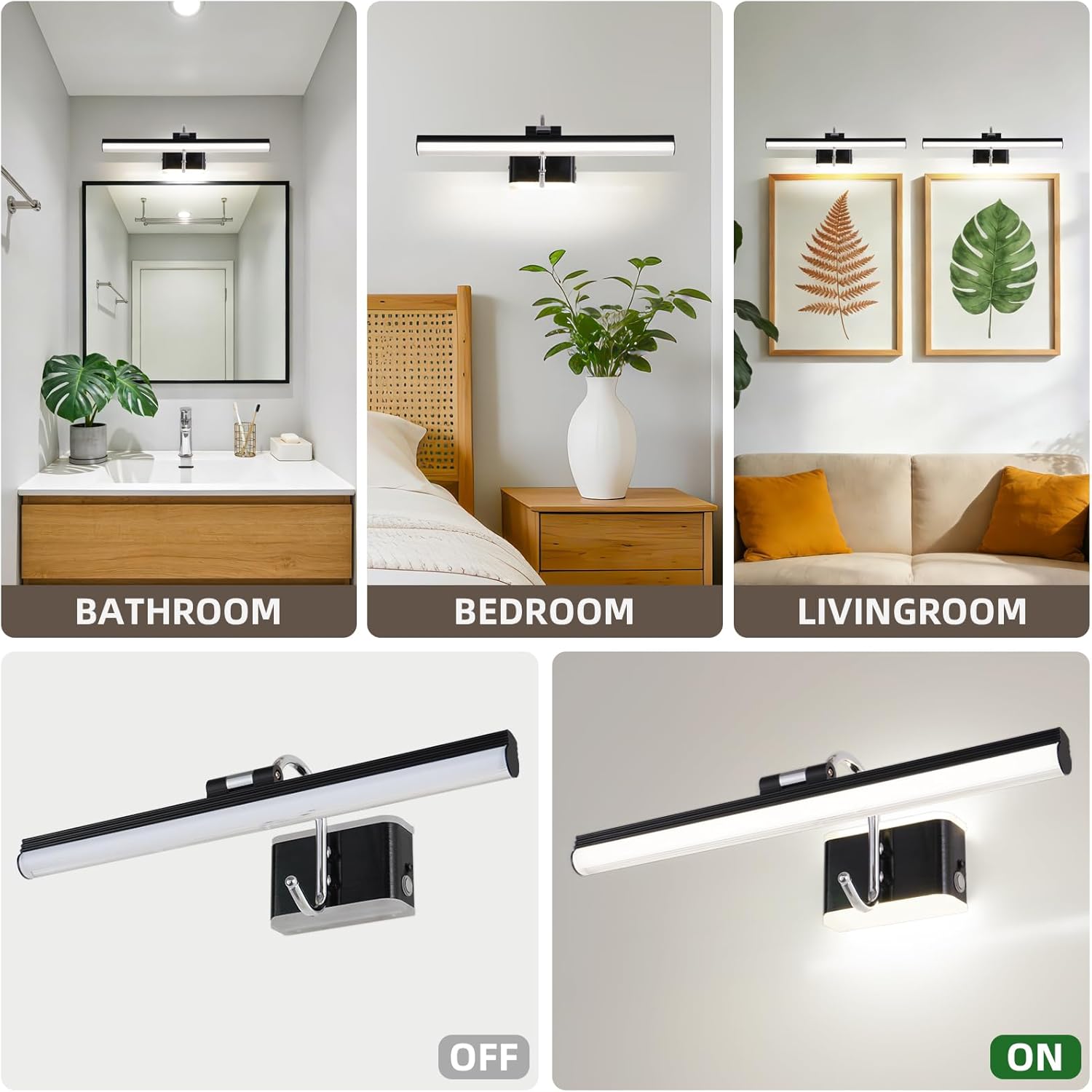 Modern Black Bathroom Light Fixtures 16.3 inch Led Vanity Lights, 8W, Rotatable Bar Bathroom Lighting fixtures Over Mirror,4000K Daylight Dimming Wall Light Fixtures for Indoor