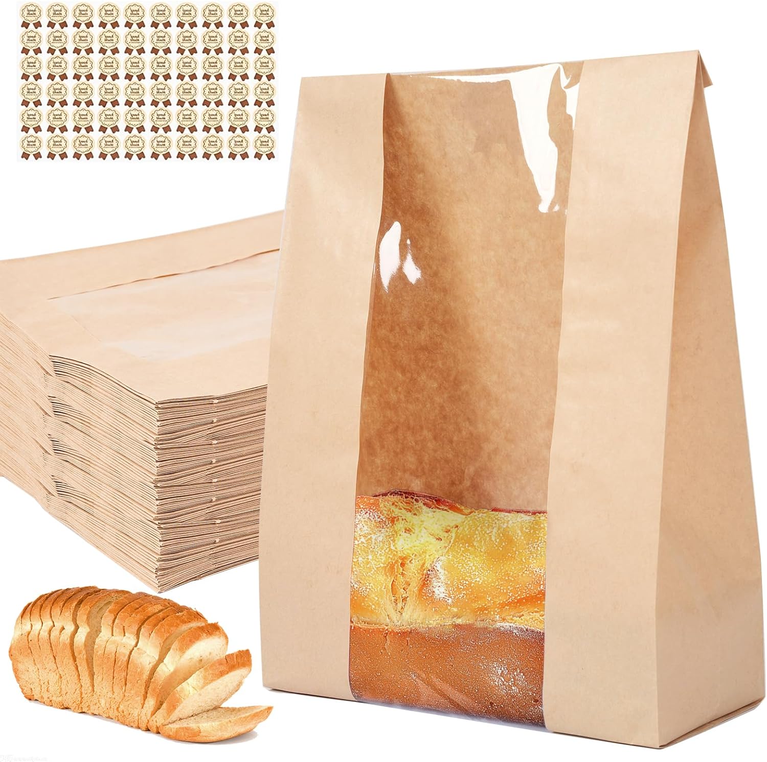 30 pack bread paper bags with window, including 30 homemade bread storage label seal stickers (13.7x8.3x3.5 inches)