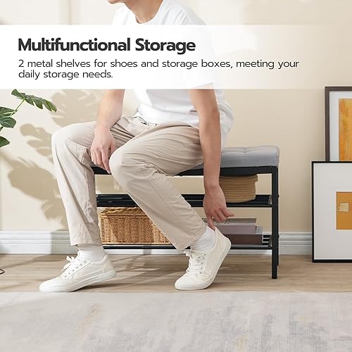 Miniatura 5 de HOOBRO Zapatero de 3 niveles para entrada con asiento acolchado, banco de almacenamiento de zapatos para sala de estar, pasillo, dormitorio,