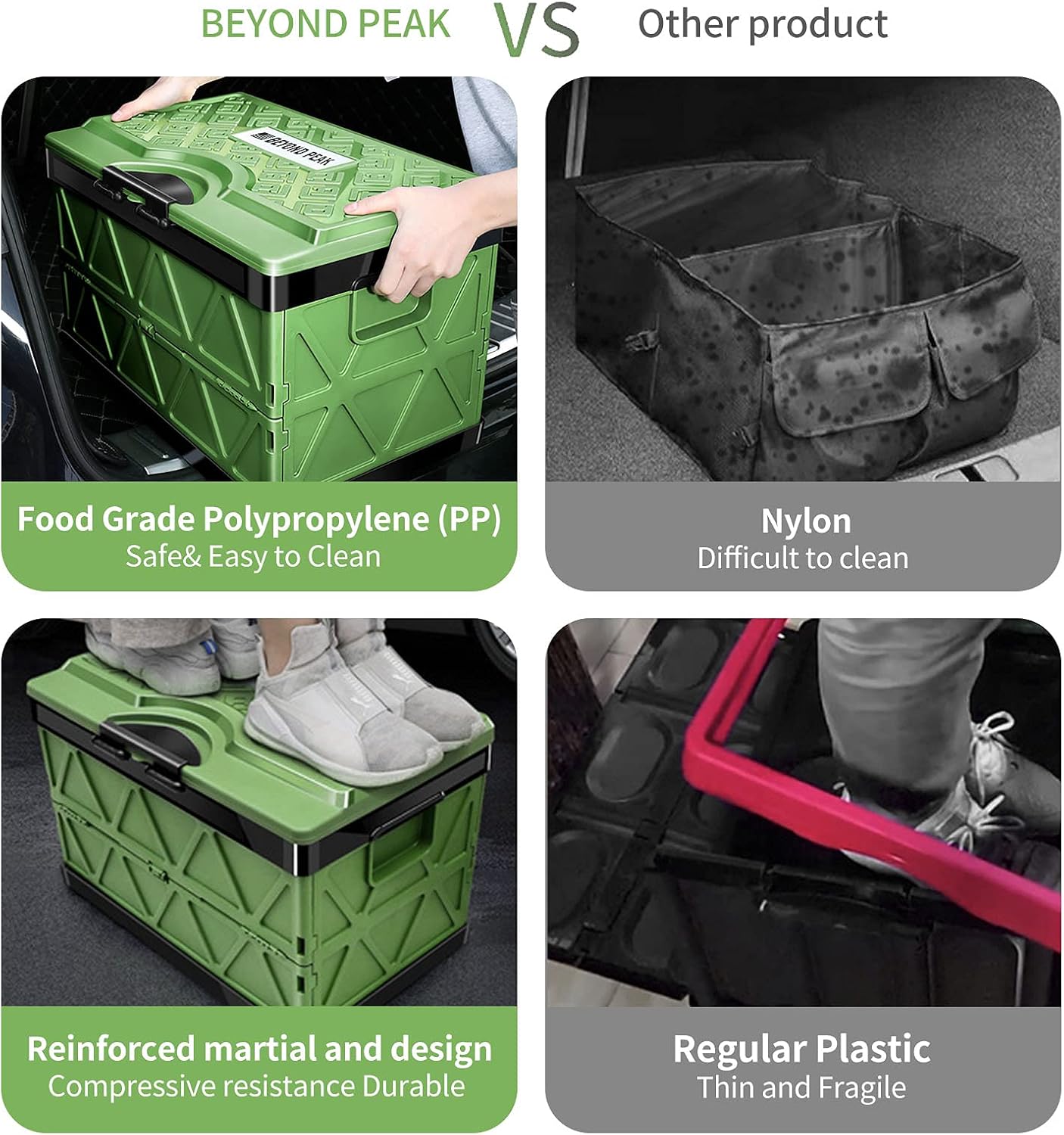 Plastic Collapsible Storage Bins with Lids and Waterproof Bag - Durable Moving Boxes Utility Crate, Solid Wall Stackable Containers for Home Camping Storage and Car Trunk Organizer (Green 1-Pack)