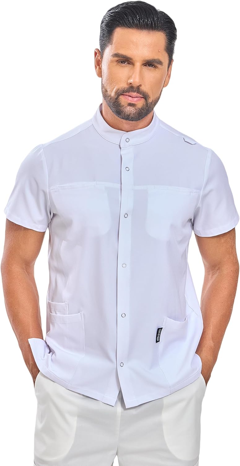 GUOER Scrub Top for Men,Mandarin Collar, Front Snap Fasteners,Side Slits,6 Pockets