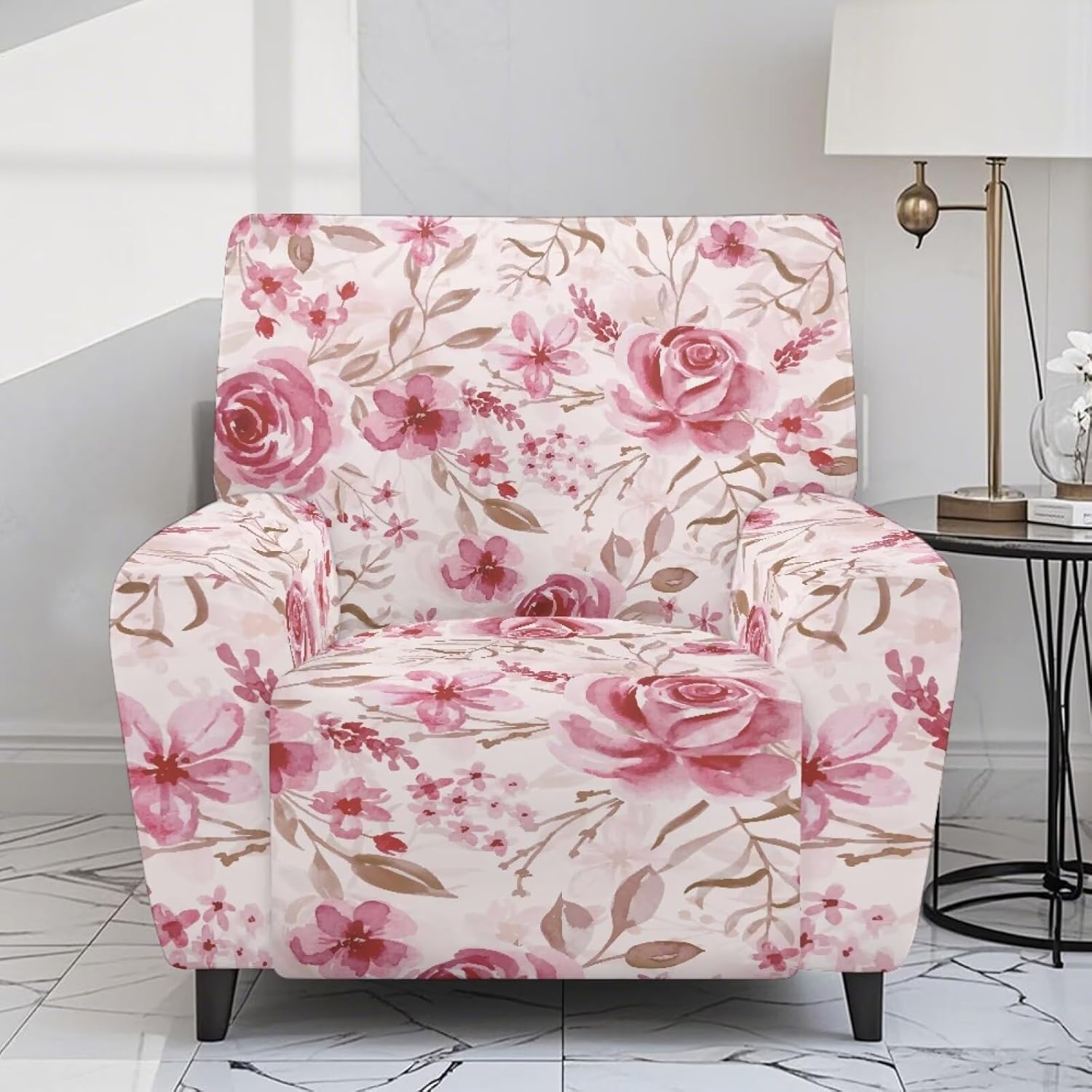 Watercolor Rose Pattern Reclining Sofa Cover Single Seat, Lazyboy Chair Protective Cover with Storage Pocket, Anti Dust Wear Resistant Recliner Slipcover for Pets, Pink