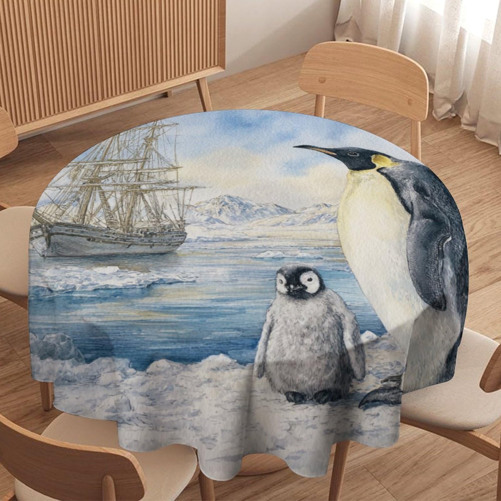 LUYYSKY Beautiful Rustic Cute Penguin Waterproof Round Tablecloth Modern Abstract Antarctic Pirate Ship Animal Penguin Washable Table Cover for Kitchen-152.4" Wx152.4 L cm