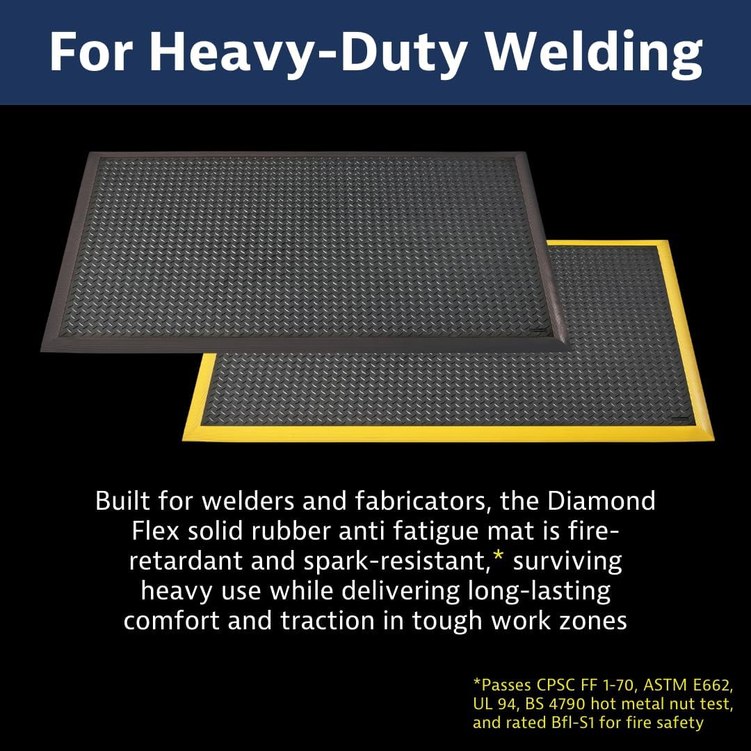 NoTrax Diamond Flex™ Fire Retardant Rubber Anti Fatigue Mat for Welding Workstations, 40" x 64" x 7/8" Industrial Floor Mats, Anti Slip, Beveled Edges, Black with Yellow Border, 646S4064BY