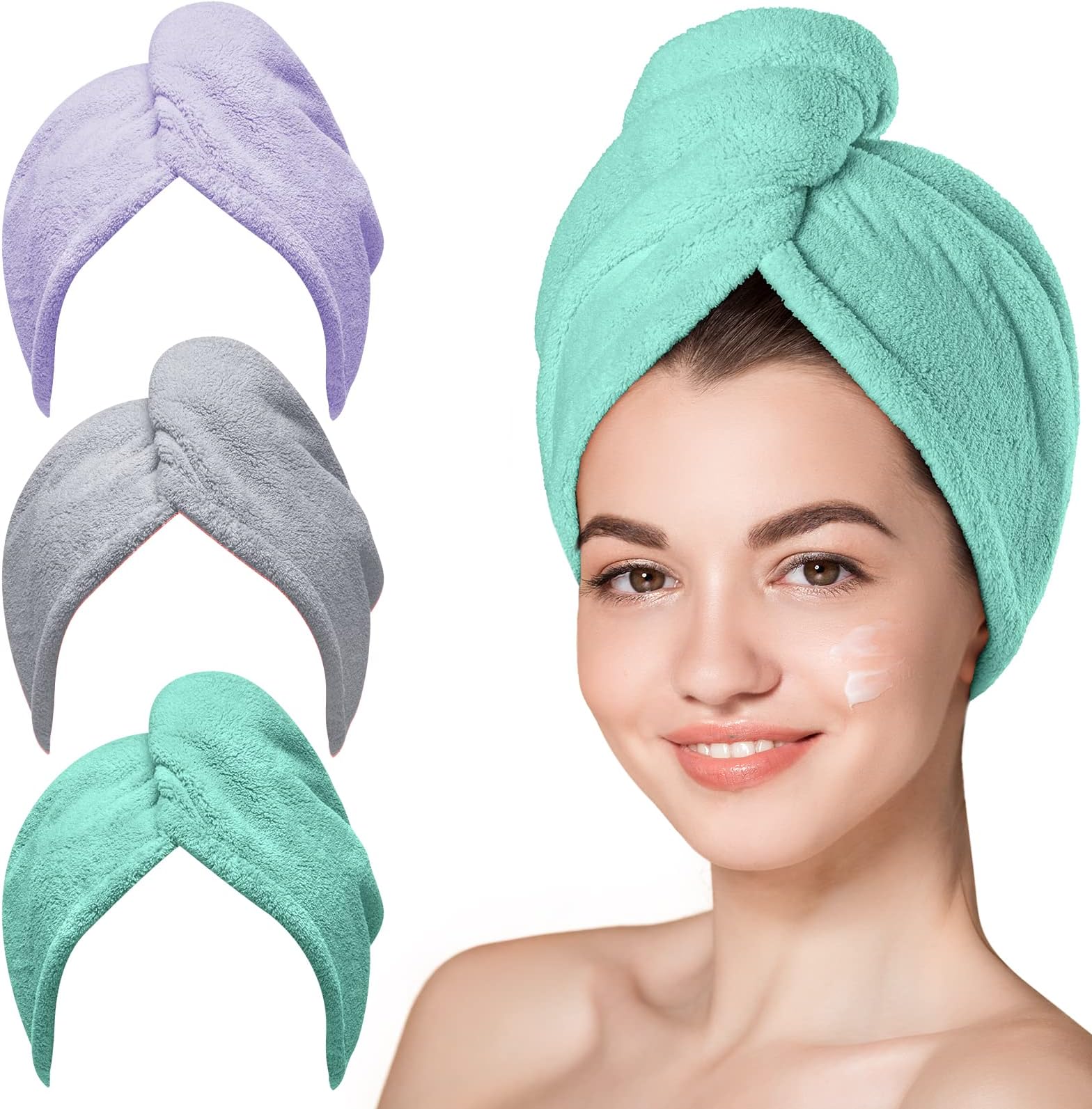 Hicober Microfiber Hair Towel, 3 Packs Hair Turbans for Wet Hair, Drying Hair Wrap Towels for Curly Hair Women Anti Frizz (Green,Purple,Grey)