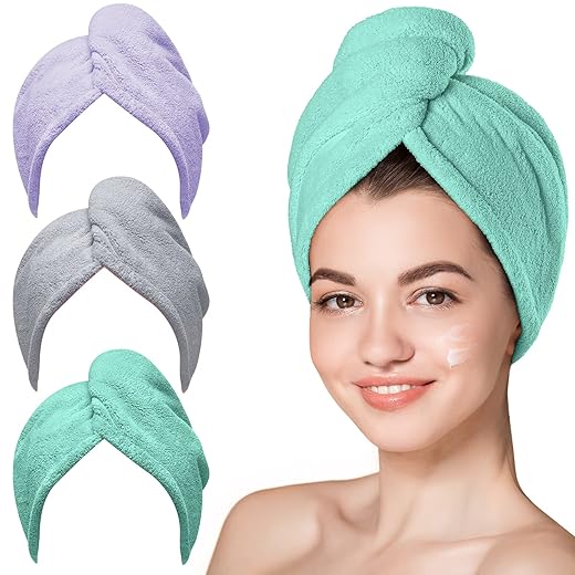 Hicober Microfiber Hair Towel, Hair Turbans for Wet Hair, Drying Hair Wrap Towels for Curly Hair Women Anti Frizz, 3 Packs (Green,Purple,Grey)