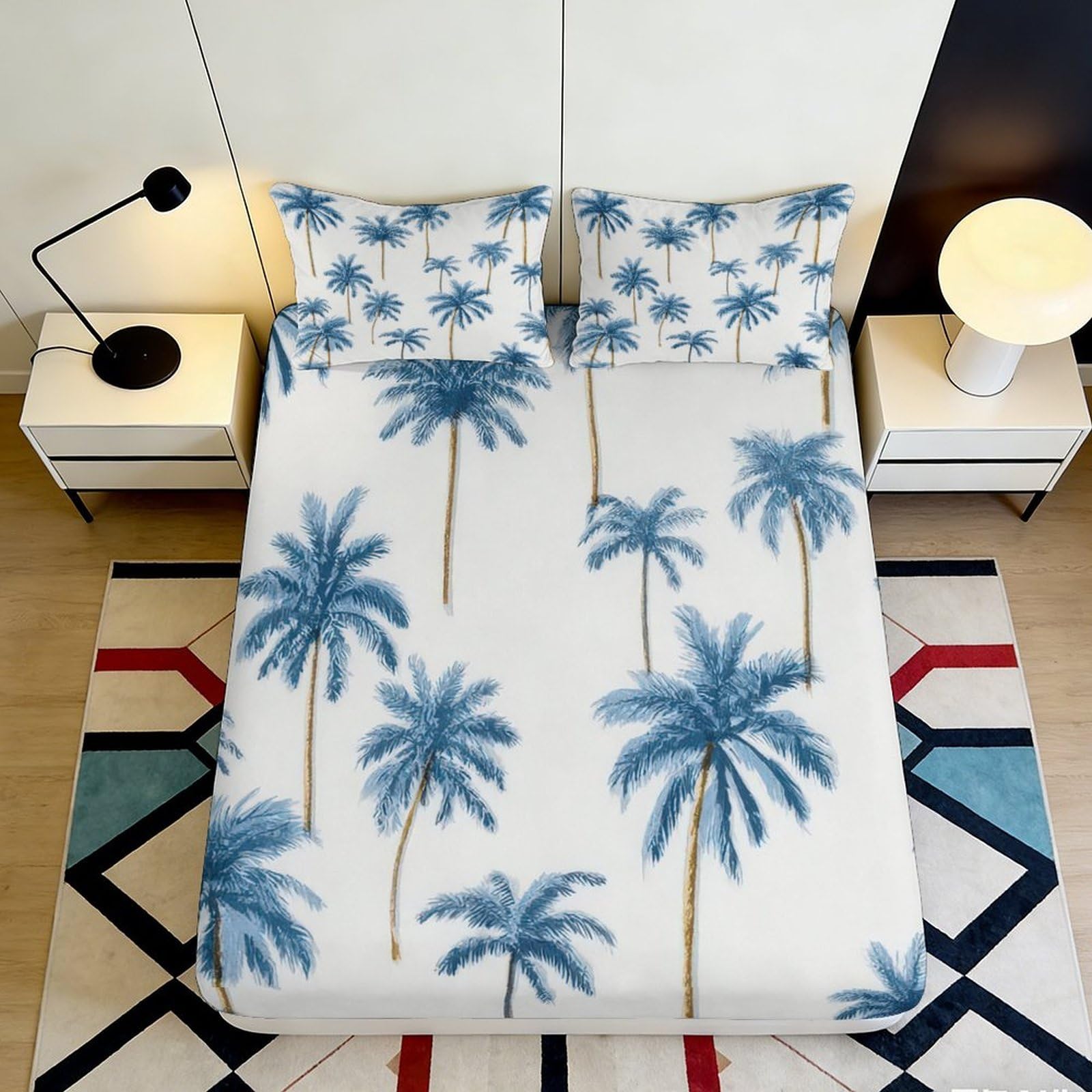 3D Printed Palm Tree Fitted Sheet Microfiber Elastic Hem Deep Pocket Palm Tree Mattress Fitted Cover Non-Slip Bedding for Adults 120x200x25cm