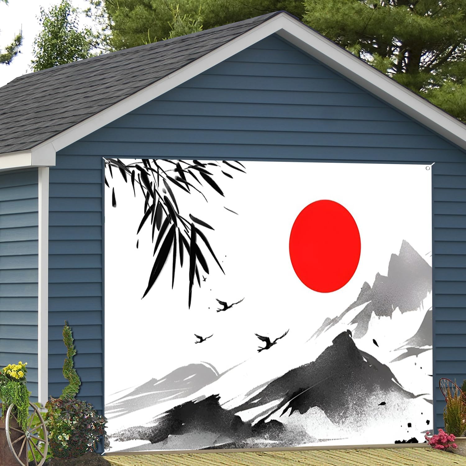 7x8ft Japanese Ink Painting Garage Door Decor Abstract Red Sun Mountain Bamboo Tree Branches Flying Birds Abstract Garage Door Background for Asian Japan Themed Decorative Banner