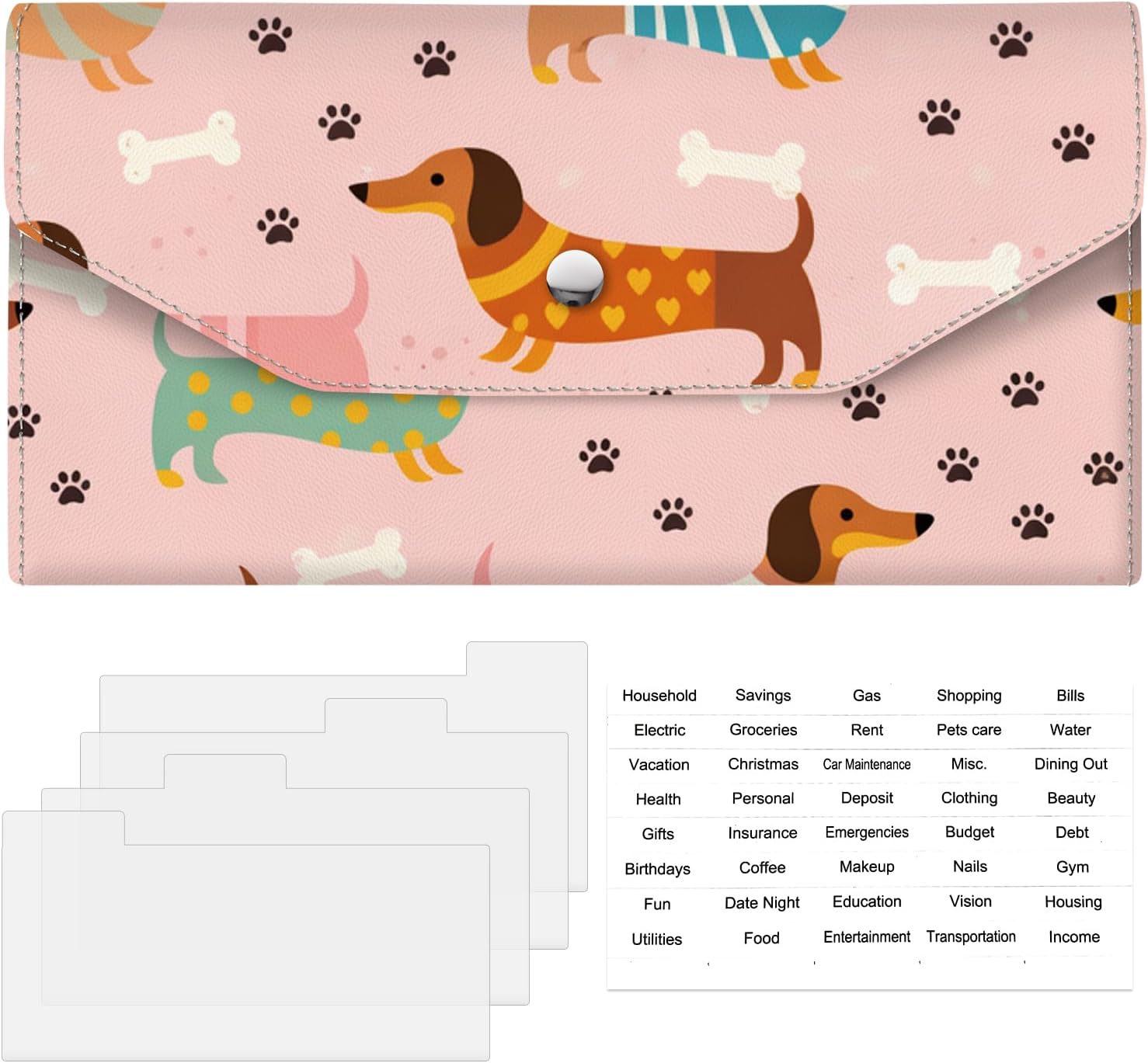 Cash Envelope Wallet for Budgeting, PU Leather Money Organizer for Cash Saving, Reusable Envelopes with 4 Dividers & Sticker Labels, Portable Cute Money Holder Cute Dog