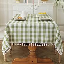 Laolitou Spring Checkered Tablecloth Rectangle Washable Heavy Duty Buffalo Plaid ST Patricks Day Table Cloth with Tassel Cotton Linen Gingham Table Cover for Picnic Kitchen Dining Room, Green, 70 Inch