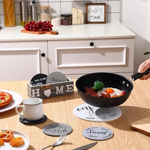 Miniatura 6 de Queekay Regalos de inauguración de la casa para el nuevo hogar, 5 posavasos de madera y 1 salvamanteles de granja para platos calientes, juego de