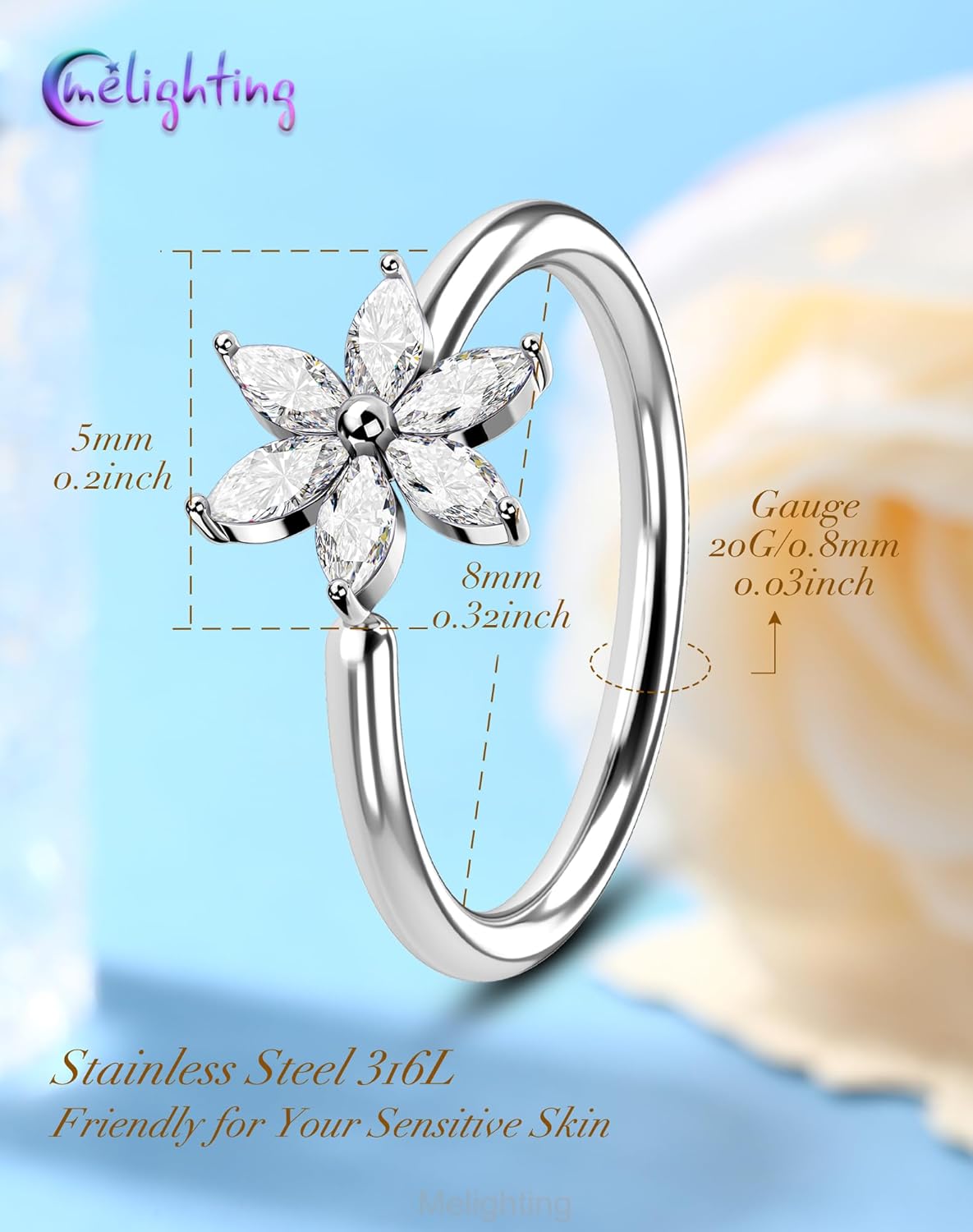 Melighting 20G Twist Nose Ring Hoop, 316L Surgical Steel Open Seamless Flower Nose Piercing Jewelry, with 3, 4, or 5 Round CZ Nostril Ring for Women Septum Cartilage Helix Piercing Jewellery - Image 2