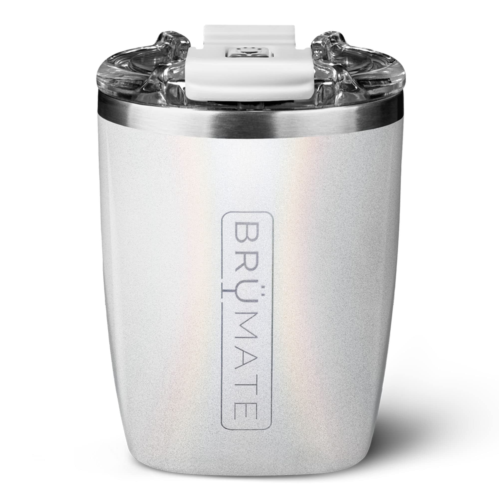BrüMate Rocks - 12oz 100% Leak-Proof Insulated Lowball Cocktail & Whiskey Tumbler - Double Wall Vacuum Stainless Steel - Shatterproof - Camping & Travel Tumbler & Cocktail Glass (Glitter White)