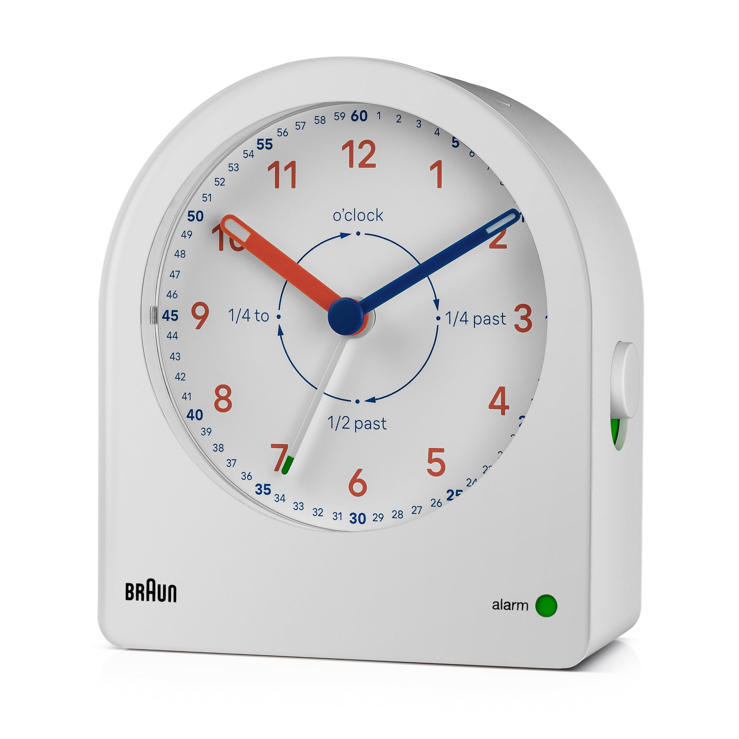 Braun analoger Zeitlehrer Wecker mit Schlummerfunktion, kontinuierlicher Hintergrundbeleuchtung, geräuscharmem Quarzwerk, leicht ablesbarem Ziffernblatt, ansteigender Signalton, Weiß, Modell BC22TW.