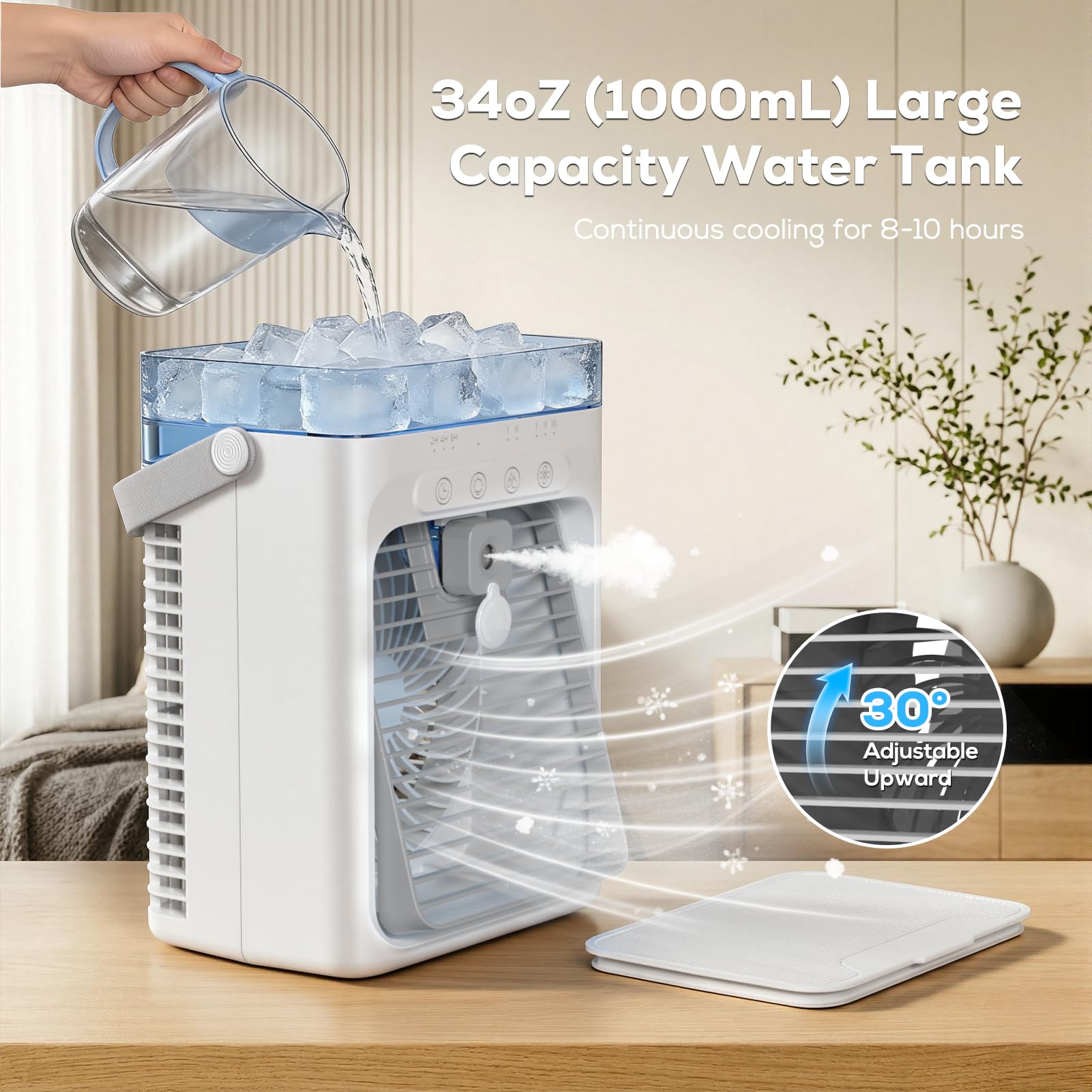 Condizionatore Portatile, Raffrescatore Evaporativo Personale, Mini Condizionatore, 3 Velocità, Ventilatore di Raffreddamento per Auto, Scrivania, Campeggio, Camera da Letto, Ufficio