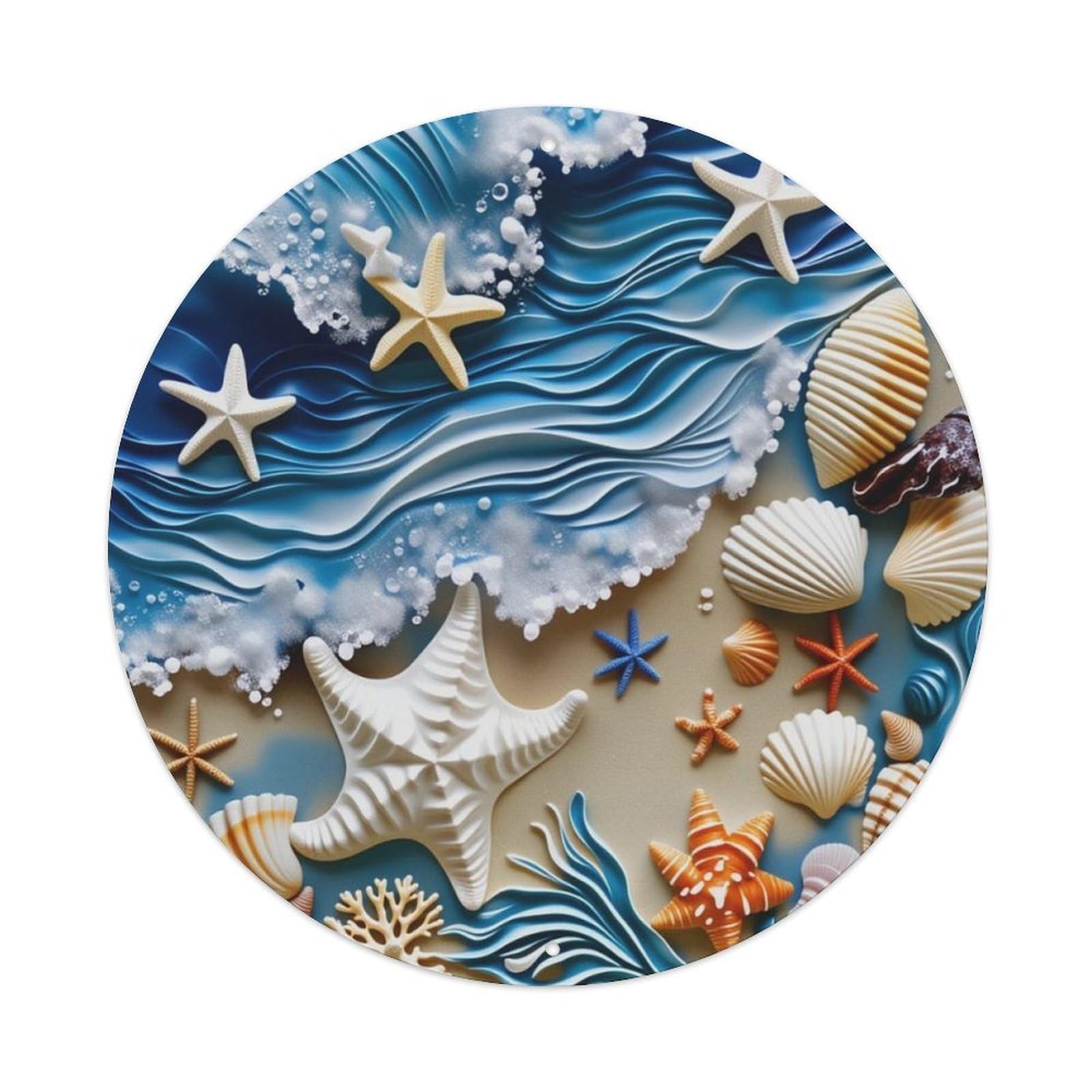 Ocean Seashell Starfish Round Decorative Sign Vintage Aluminium Metal Sign, Retro Wall Decor for Home, Bar, Garage & Farmhouse 20x20cm