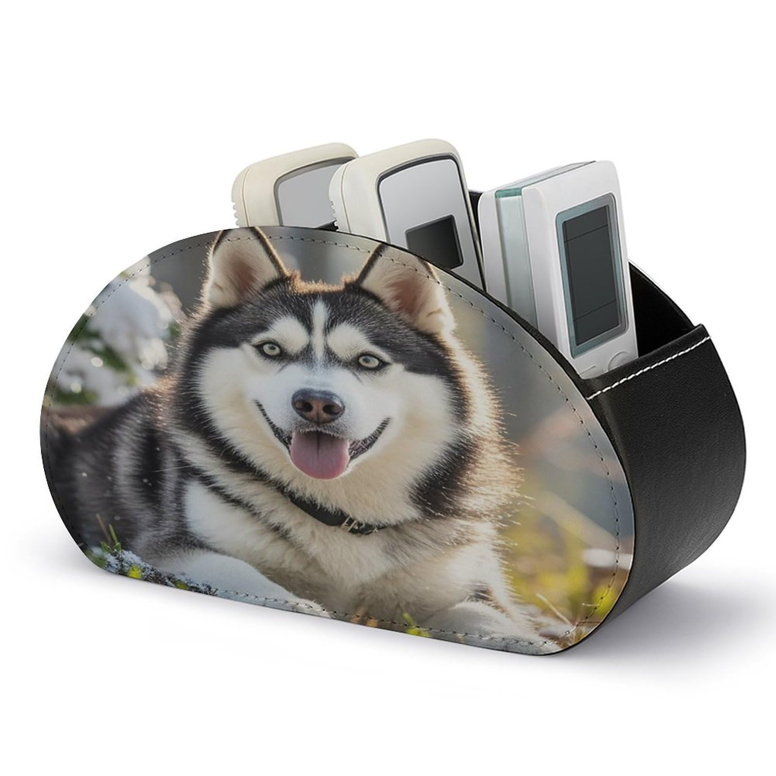 FekiLoot Adorable Huskies Remote Control Holder with 5 Compartments - PU Leather Remote Caddy Desktop Organizer, Personalized TV Media Remote Storage Box for Home Coffee Desk Accessories